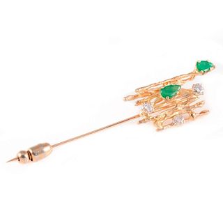 Emerald, diamond & 14k gold stick pin