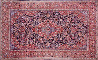 Fine Hand Knotted Persian Kashan Red and Blue Wool Carpet