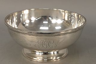 Gorham, sterling silver footed bowl, monogramed. height 4 1/2 inches, diameter 9 3/4 inches, 25.7 troy ounces.