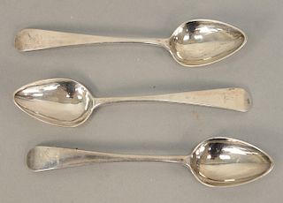 Three N. Cornwell silver tablespoons, Danbury CT 1810. length 7 inches. Provenance: Tillou Gallery 1975 collection of Barnard Barouk NY.