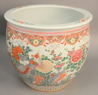 Chinese Famille Rose porcelain planter, painted with large peacock among blossoming tree with flowers and birds. height 13 1/2 inches. Provenance: Est
