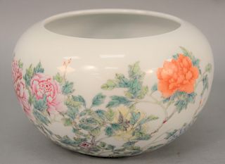 Chinese Republic flower bowl, having blossoming painted chrysanthemums exterior and painted fish on interior, blue mark on bottom. height 6 inches. Pr