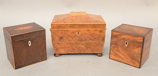Group of three teaboxes, burl teabox with lion head handles and bun feet opening to double compartment interior, line inlaid covers, small inlaid sing