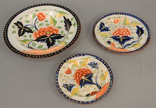 Three Gaudy Dutch plates, grapevine pattern, deep plate, desert plate, and bread plate. plate diameter 9 5/8 inches, desert plate diameter 7 1/4 inche