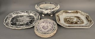 Twelve piece lot of Staffordshire to include large platter marked Improved Stone, black and white platter and tureen, along with a set of eight plates