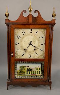 Olcott Cheney mahogany pillar and scroll clock, with reverse painted panel, (repaired). height 31 1/2 inches. Provenance: Estate of Mark W. Izard MD, 