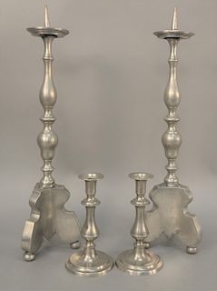 Two pairs of pewter candlesticks, pair of pushups and pair of large pricket candlesticks. push up candlestick height 8 inches, pricket candlestick hei