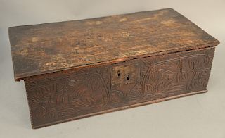 English oak bible box, having lift top with chip carved edge, dated 1761 with tulip carved front. height 7 1/2 inches, top: 13" x 25".