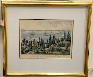 Currier and Ives, colored lithograph, "New York Bay, from Bay Ridge", "Long Island", tanning throughout, minor foxing light line in top right sky, sig