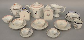 Chinese export lot, nineteen pieces including teapot, sugar, creamer, two tea caddies, seven cups, seven saucers and bowl.