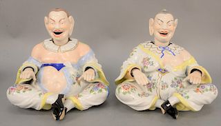Pair of Dresden large porcelain nodders, Oriental woman and man with nodding head, tongue and hands. height 10 1/2 inches, width 10 1/4 inches.
