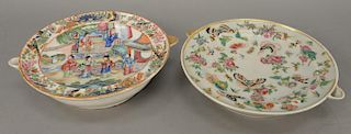 Two Chinese porcelain warming dishes, Famille Rose with hand painted blossoming flowers and butterfly decoration along with Chinese export famille ros