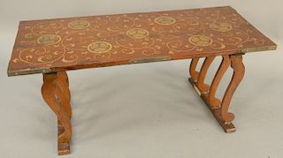 Japanese parcel gilt and red lacquer writing table, 19th century, decorated in nashiji and gold lacquer with hollyhock crests and scrolling vines. hei