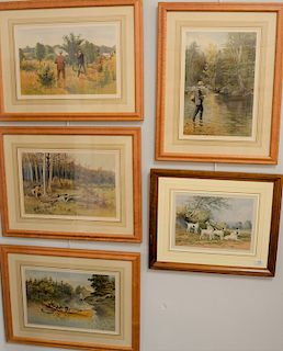 Group of five sporting framed prints, to include pair of Zogbaum hunting lithographs, Sandham Fly Fishing, Frank Taylor Pike Fishing, and A. Pope Jr. 