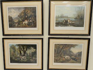 Set of four Marsdent's, American Field Sports hunting lithographs, colored lithographs, Woodcock Shooting/Chasse Aux Becasses, Quail Shooting/Chasse A