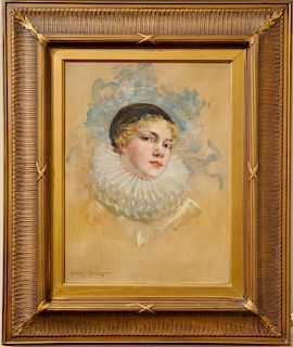 James Carrol Beckwith (1852 - 1917), oil on canvas, "Pierrot" portrait sketch, signed lower left Carroll Beckwith, titled on back of canvas, 16" x 12"