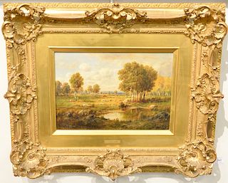 Claude E Picault, 19th century, oil on panel, Autumn Landscape with Pond, signed lower left CE Picault, in gilt Victorian frame, 10 1/2" x 14 1/2".