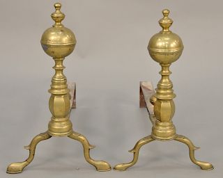 John Stickney Boston Federal brass andirons, with log stops signed. height 18 inches.