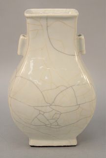 Cream colored crackle (ko/geyao) hu vase, China 19th century, with squared tubular handles applied to the neck, no mark, height 15 inches.