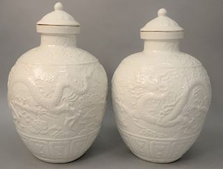 Pair of white glazed covered dragon jars, China, 19th/20th century, the bodies with molded four-clawed dragons, domed covers. height 15 inches.