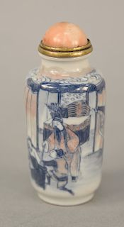 Chinese porcelain snuff bottle, having blue and iron red painted courtyard scene with figures, 19th century. height 3 1/2 inches. Provenance: An Estat