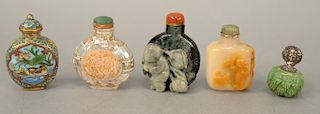Group of five snuff bottles, to include mother of pearl snuff bottle with central carved relief full blooming sprays of flowers, cloisonne snuff bottl