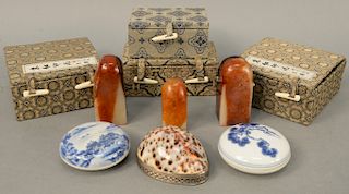 Six piece group to include, five Chinese carved soapstone seals in fitted boxes along with a shell box with silver opening bottom. tallest 3 inches.