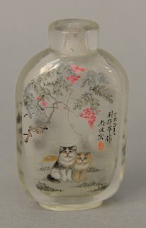An inside painted crystal snuff bottle, the transparent crystal bottle is pointed on one side with two seated cats, the reverse with two panda bears, 