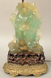 Green quartz urn, having carved animals, on carved base and bronze base made into a table lamp. vase height 9 1/2 inches, total height 28 inches.