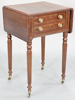 Sheraton mahogany stand having drop leaves, two drawers, plus a bag drawer all set on fluted legs ending in brass capped feet, caster and brass inlays