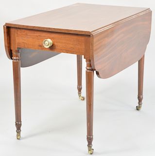 Sheraton mahogany drop leaf table, set on turned legs, circa 1830. height 29 inches, top: 22" x 36", top open: 36" x 46".