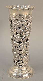 Sterling vase liner, open scroll work, marked sterling. height 10 inches, 9.5 troy ounces.