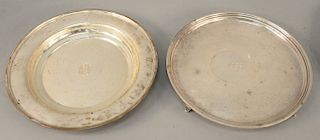 Two S. Kirk and Son sterling silver dishes, deep plate monogrammed in center and a round footed salver monogram in center. diameter 11 1/2 inches, 39.