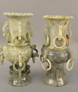 Pair of hardstone ring vases, each having eight carved handles with rings. height 12 1/2 inches.