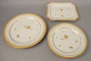 Set of ten Chinese export porcelain serving dishes, 18th century gold gilt with flower sprays and band of scrolls and fretwork border to include pair 