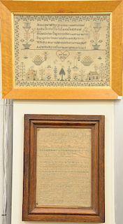 Two framed needlework samplers, Jane Ford 1820 along with Alphabet sample with no date. Jane Ford 12 1/2" x 16", Alphabet 14" x 10".