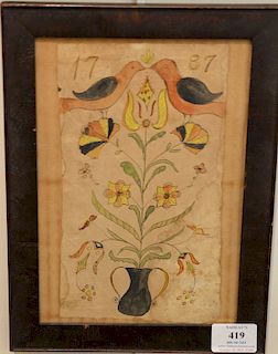 1787 Folk art Fraktur, watercolor and ink on paper, a vase holding plant with flowers and two birds perched on top, mark 1787, sheet size: 9 1/2" x 5 