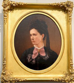 Henry Bryant (1812 - 1881), oil on canvas, oval portrait of a lady with pink bow, signed lower left Henry Bryant 1877, in gilt Victorian frame, 24" x 
