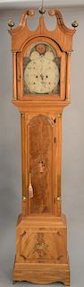 Mahogany grandfather clock, having broken arch top over tombstone door with inlaid shells and center, flanked by stopped fluted quarter columns set on