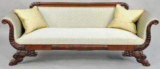 Federal mahogany sofa, with acanthus carved supports and carved paw feet. height 31 1/2 inches, length 83 inches.