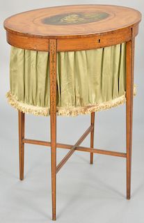 Adam's satinwood sewing stand having top with central painting depicting two children with doves set on square tapered legs. height 30 1/2 inches, top