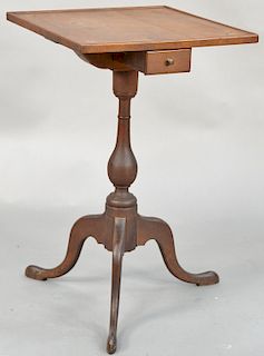 Federal cherry candlestand, having molded edge top with fan inlays over a drawer set on turned shaft on tripod base. height 27 1/2 inches, top: 17 1/4