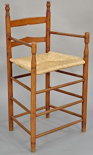 Primitive two slat tall chair, with woven seat on turned legs. seat height 22 1/2 inches, height 38 inches, width 20 inches. Provenance: A South Easte