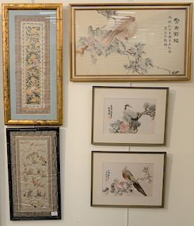 Group of five framed Chinese silk embroidery panels with embroidered figures, pair of embroidered bird panels, panel with foo lions and birds and larg