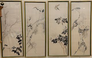 Group of four framed Chinese silk tapestries, having embroidered tree with bird, sight size: 37 1/4" x 13 1/2.