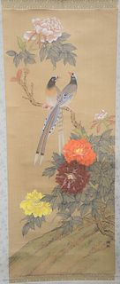Oriental scroll painting on silk of tree branch with blossoming flowers and two birds signed lower left, image size: 39 1/2" x 16".