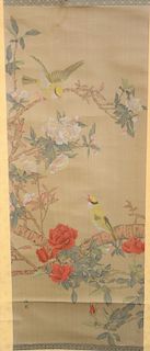 Oriental scroll, painting on silk of blossoming flower tree with two perched birds, signed lower right, image size: 38 3/4" x 16". Provenance: Estate 
