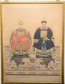 Large Chinese ancestral portrait painting, watercolor on paper of official and his wife, both seated, he is wearing a blue and gilt dragon robe with d