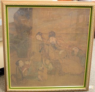 Chinese painting on silk, interior scene of family, 17th century, sight size: 33" x 30".