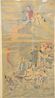 Large Chinese painting on silk, of immortals and scholars, in burlwood frame, laid down. image size: 56" x 31", total height 89 inches. Provenance: Es